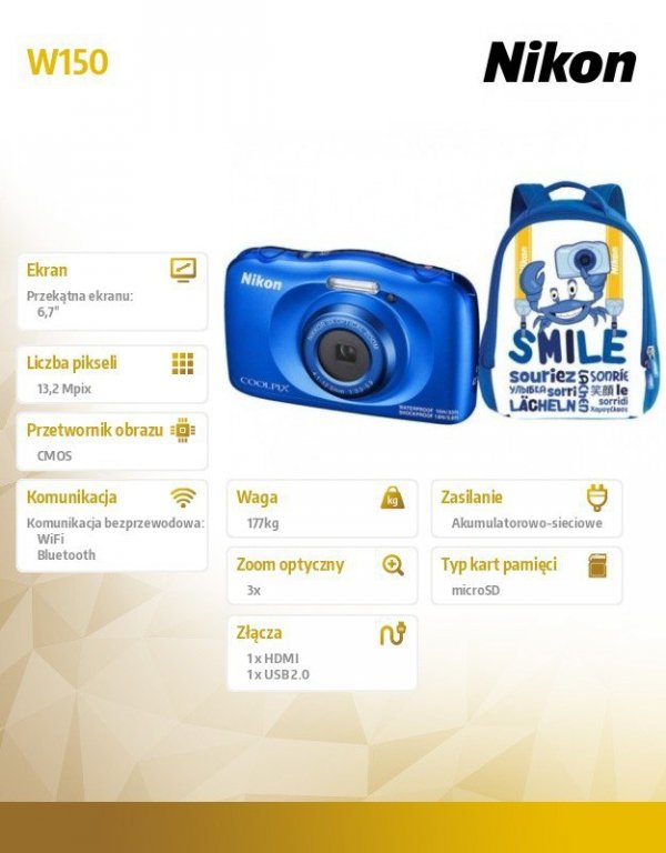Nikon Aparat W150 niebieski + plecak