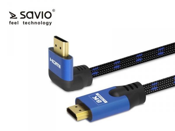 Elmak Kabel HDMI-HDMI v2.1, 3m, 8K, kątowy, OFC, Miedź, Złote końcówki, Ethernet/3D CL-148 SAVIO Niebiesko-czarny