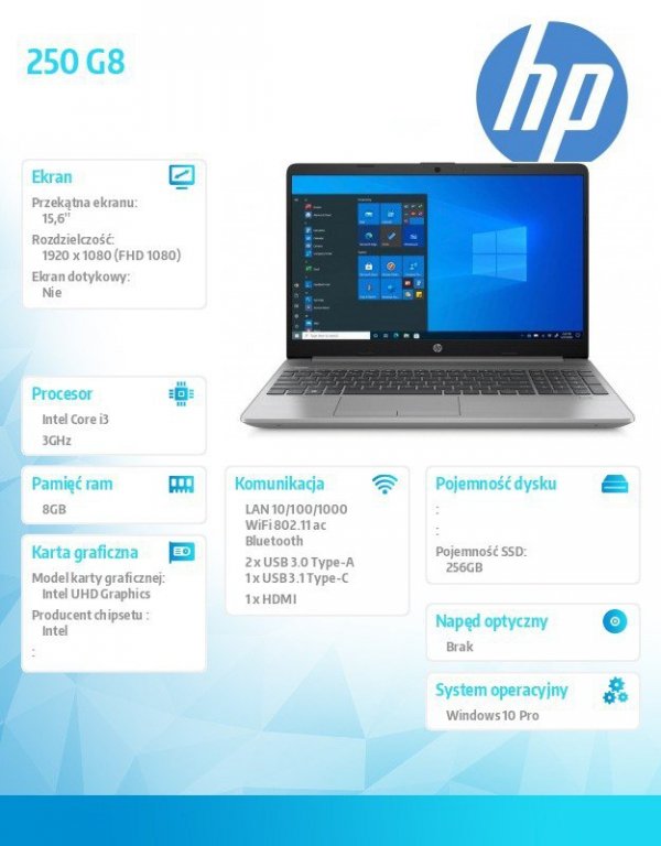 HP Inc. Notebook 250 G8 i3-1115G4 256/8G/W10P/15,6 3V5P5EA