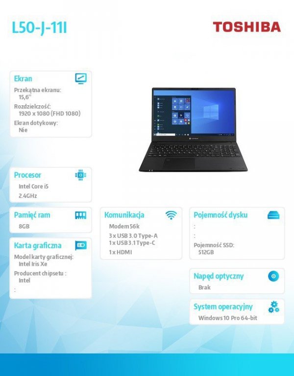 Toshiba Notebook L50-J-11I W10PRO i5-1135G7/8/512/Intel HD/15.6&#039;&#039;