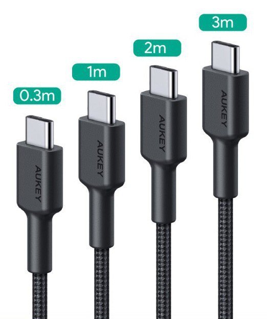 AUKEY CB-CD37 zestaw 4 szt. nylonowych kabli Quick Charge USB C -USB C | 0.3m 1m 2m 3m | 4 szt. | 5 Gbps | 3A | 60W PD | 20V