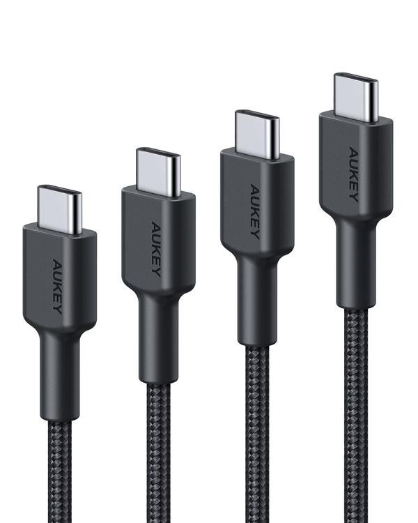 AUKEY CB-CD37 zestaw 4 szt. nylonowych kabli Quick Charge USB C -USB C | 0.3m 1m 2m 3m | 4 szt. | 5 Gbps | 3A | 60W PD | 20V