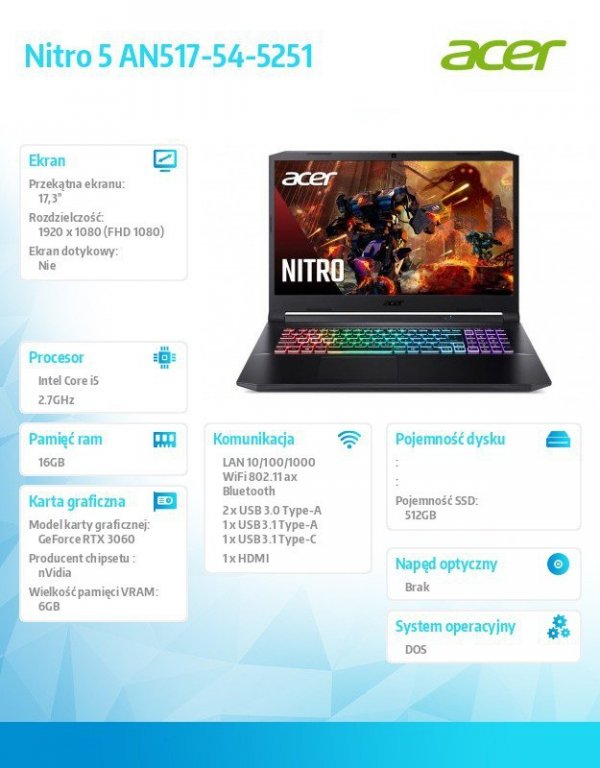 Acer Notebook Nitro 5 AN517-54-5251    ESHELL/i5-11400H/16G/512G/RTX3060/17.3&#039;&#039;