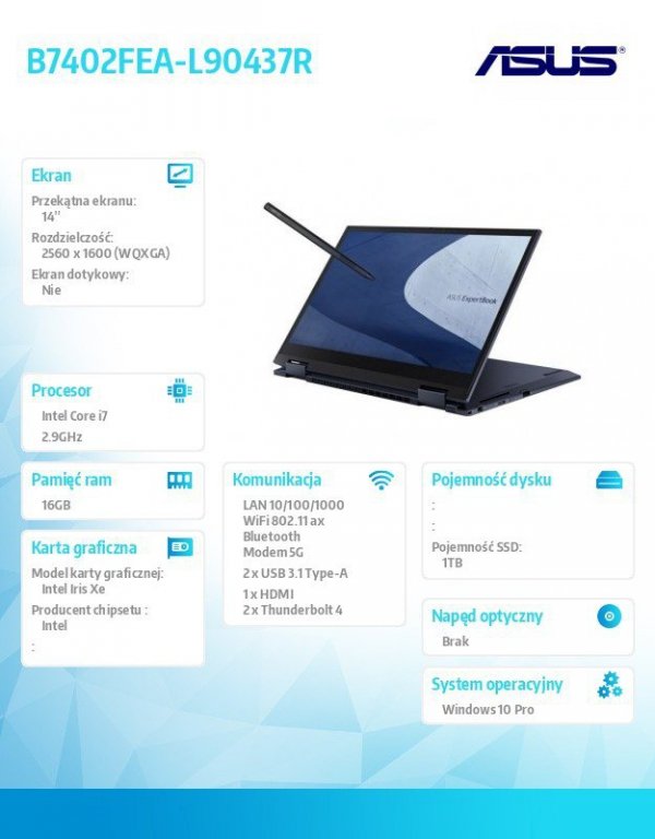 Asus Notebook 14 cali B7402FEA-L90437R i7-1195G7 16GB/1TB/Iris/ Windows 10 PRO ; 36 miesięcy ON-SITE NBD
