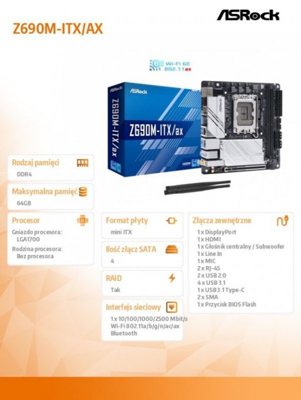 ASRock Płyta główna Z690M-ITX/ax s1700 2DDR4 DP/HDMI M.2 Mini-ITX