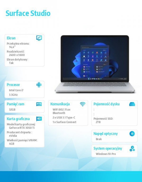 Microsoft Surface Laptop Studio Win10Pro i7-11370H/32GB/2TB/RTX3050Ti 4GB/14.4&#039; Commercial Platinum AI5-00034