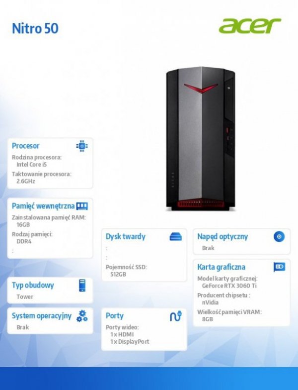 Acer Desktop Nitro 50 N50-620 i5-11400F/RTX3060Ti/16GB/512GB SSD