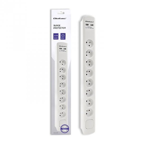 Qoltec Listwa antyprzepięciowa | 8 gniazd | 2xUSB | 1.8m | Biała