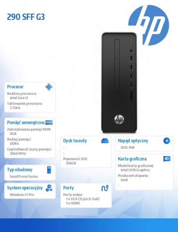 HP Inc. Komputer 290 SFF G3 i3-10105 256/8GB/DVD/W11P 6B223EA