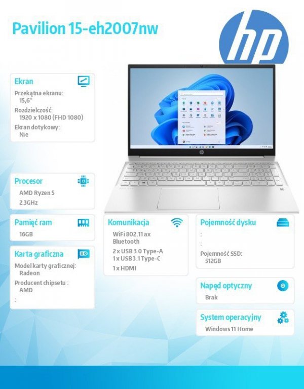 HP Inc. Notebook Pavilion 15-eh2007nw W11H/15 R5-5625U/512GB/16GB  69G70EA