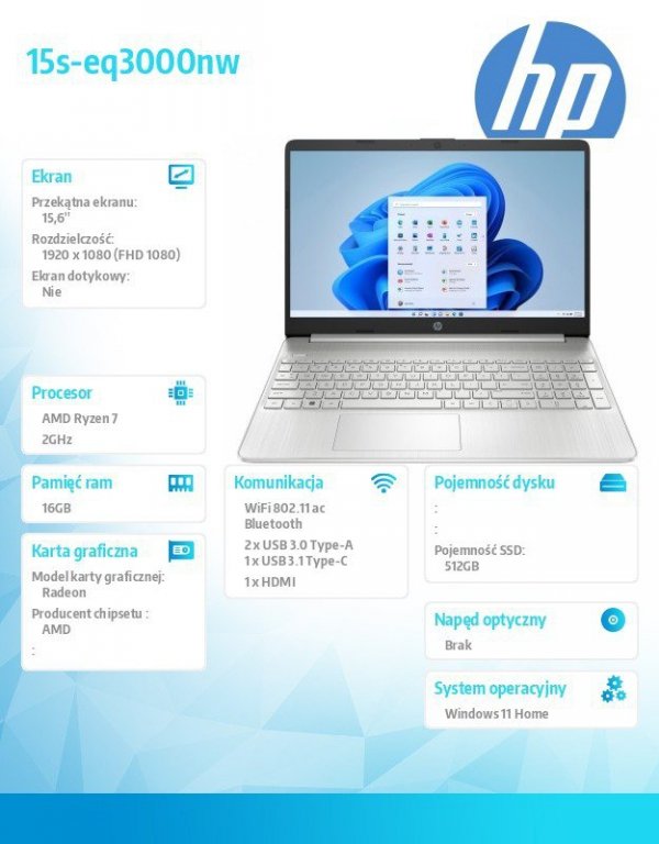 HP Inc. Notebook 15s-eq3000nw W11H/15.6 R7-5825U/512GB/16GB  69G72EA