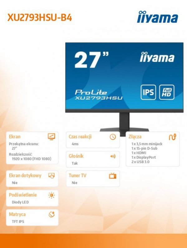 IIYAMA Monitor 27 XU2793HSU-B4 IPS, FHD, HDMI, DP, VGA, USB3.0, SLIM, 300cd/m2