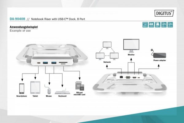 Digitus Podstawka pod notebooka ze zintegrowaną stacją dokującą, USB-C, 8 portów