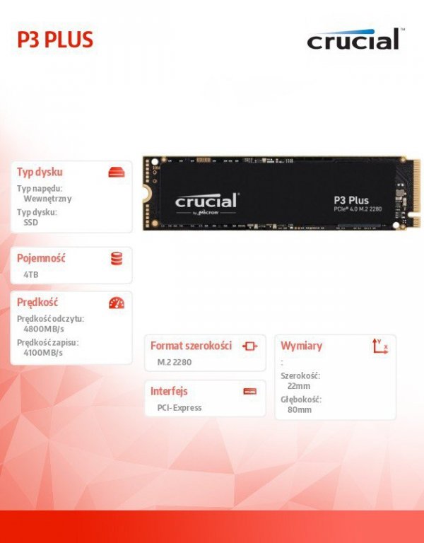 Crucial Dysk SSD P3 PLUS 4TB M.2 NVMe 2280 PCIe 4.0 4800/4100