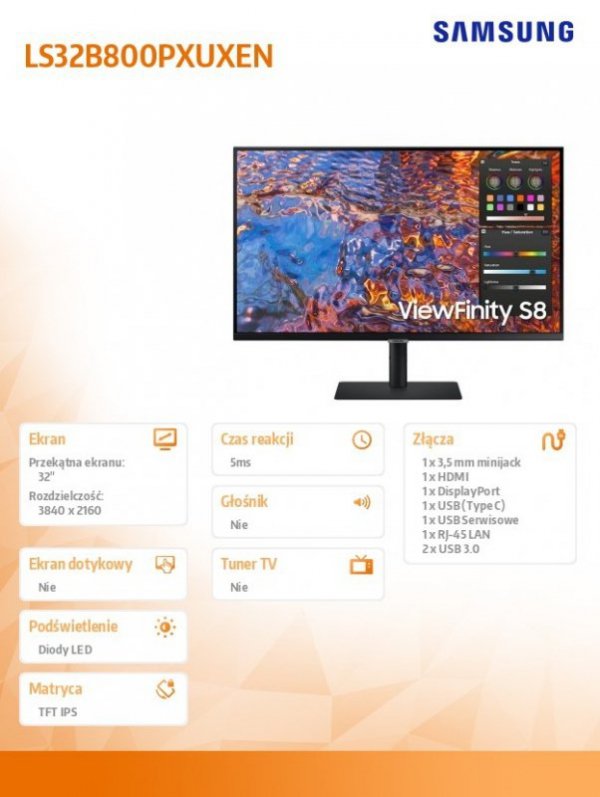 Samsung Monitor 32 cale ViewFinity S80PX IPS 3840x2160 UHD 16:9 1xHDMI 1xDP 1xUSB-C (90W) 3xUSB 3.0 LAN 5ms PinP/PbyP 60Hz HAS+P