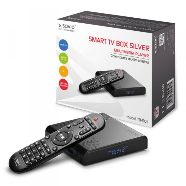Savio Smart TV Box Silver, 2/16 GB Android 9.0 Pie, HDMI v 2.1, 8K, WiFi, 100mbps, USB 3.0, TB-S01