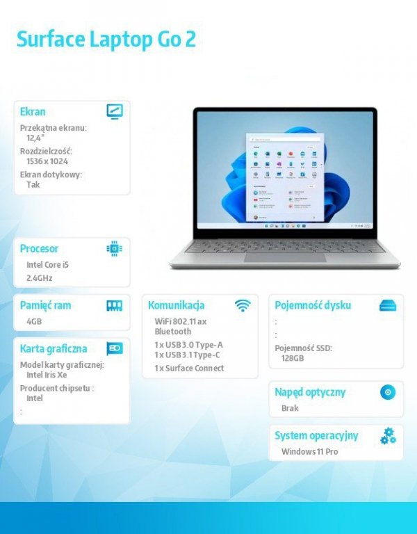 Microsoft Notebook Surface Laptop GO 2 Win11Pro i5-1135G7/4GB/128GB/INT/12.4&#039; Commercial Platinum KWT-00009