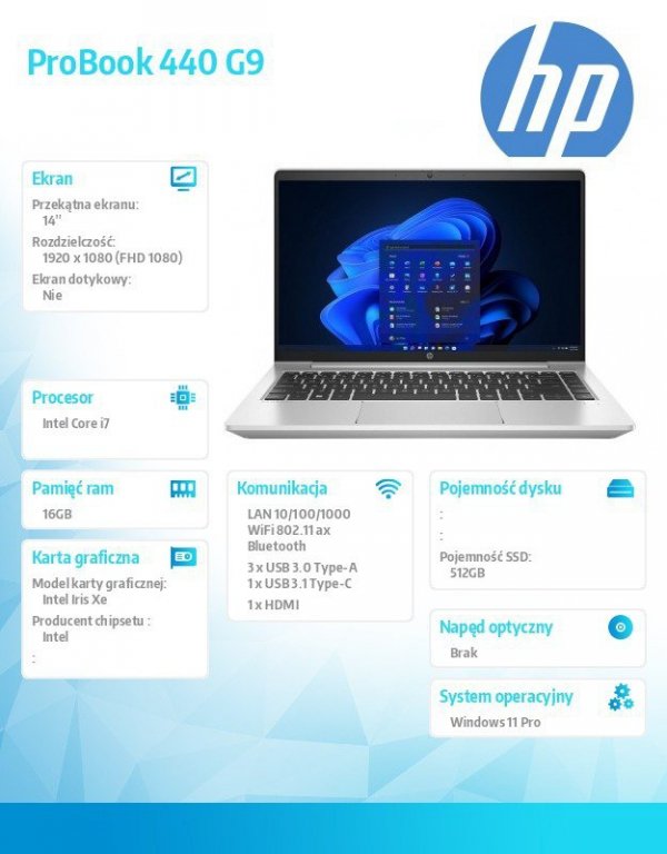 HP Inc. Notebook ProBook 440 G9 i7-1255U 512GB/16GB/W11P/14.0 6A168EA
