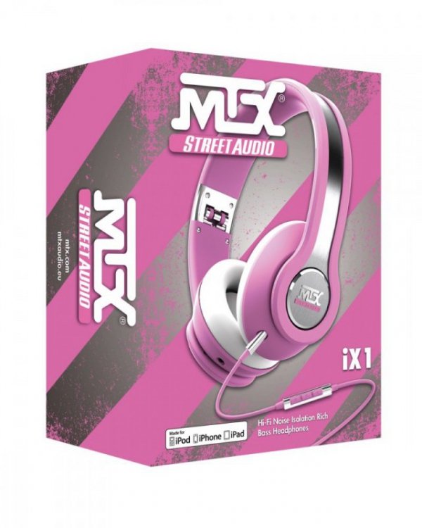MTX Słuchawki Hi-Fi  iX1 PINK - z redukcją szumów i bogatym basem, pilot do Apple, Różowe