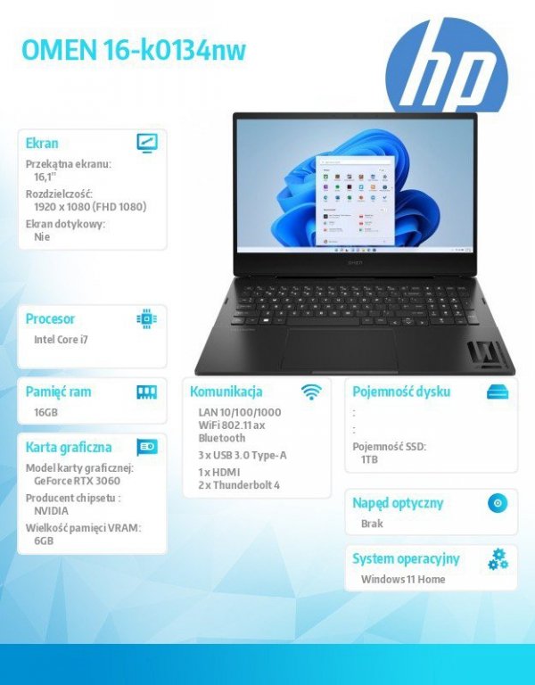 HP Inc. Notebook OMEN 16-k0134nw W11H/16.1/i7-12700H/1TB/16GB 712W6EA