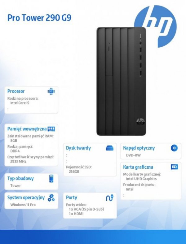 HP Inc. Komputer Pro 290 TWR G9 i5-12500 256GB/8GB/DVD/W11P 6D325EA