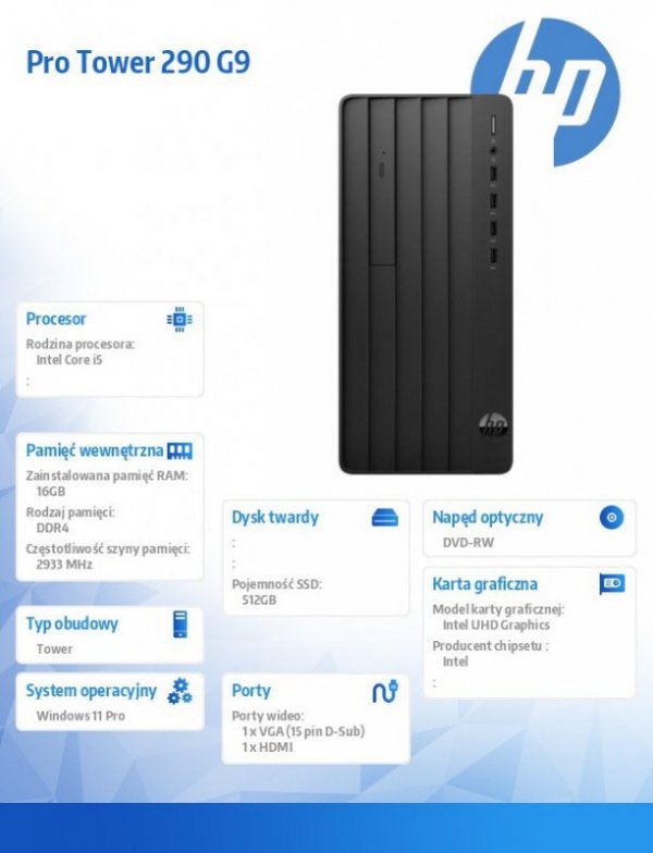 HP Inc. Komputer Pro 290 TWR G9 i5-12500 512GB/16GB/DVD/W11P  6D327EA