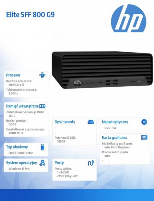 HP Inc. Komputer Elite 800 SFF G9 i5-12600 512/16/DVD/W11P  5V8T7EA