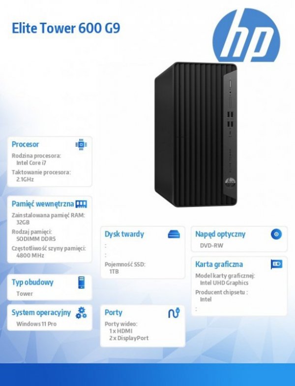 HP Inc. Komputer Elite 600 TWR G9 i7-12700 1TB/32GB/DVD/W11P 6A824EA