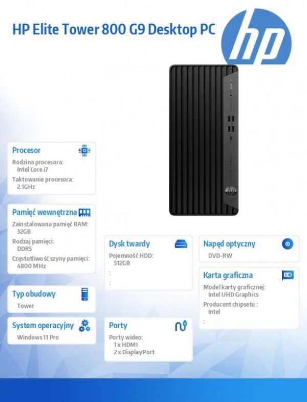 HP Inc. Komputer Elite 800 TWR G9 i7-12700 512GB/32GB/DVD/W11P 5V8U3EA