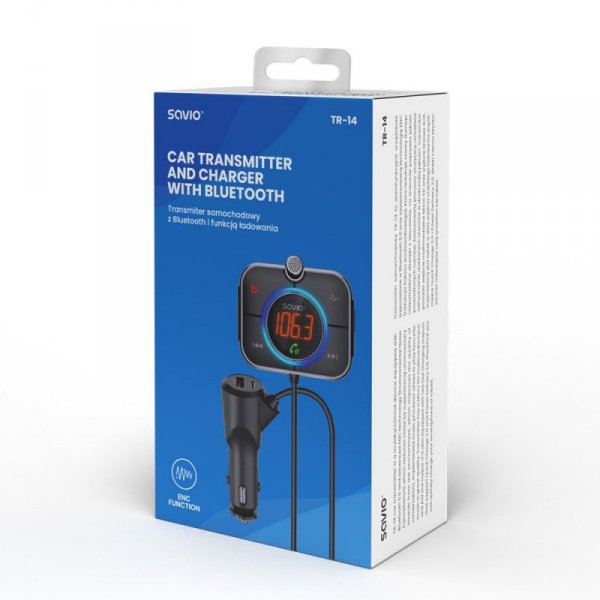 Savio Transmiter samochodowy FM z Bluetooth i ładowarką PD, TR-14