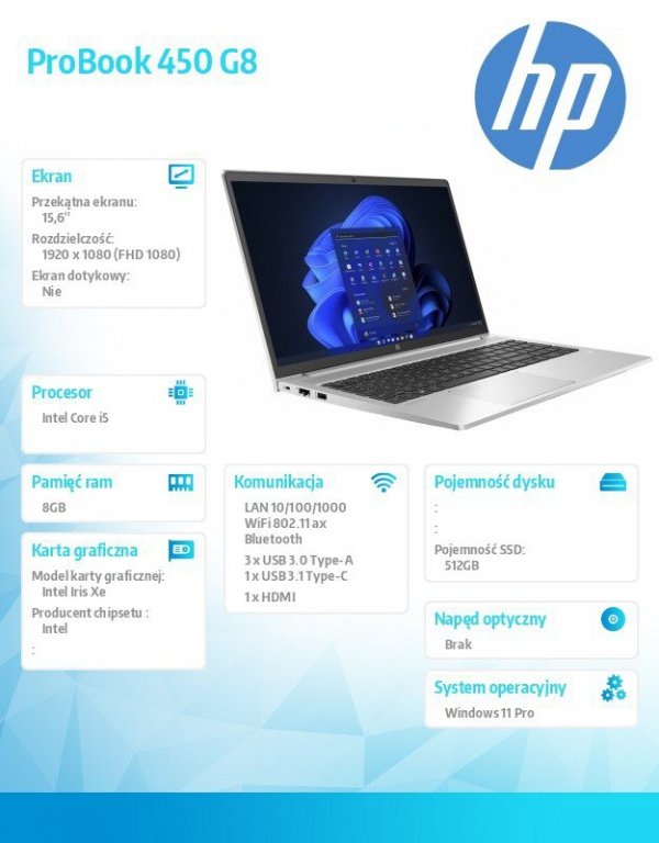 HP Inc. Notebook ProBook 450 G8 i5-1135G7 512GB/8GB/W11P/15.6 59S02EA