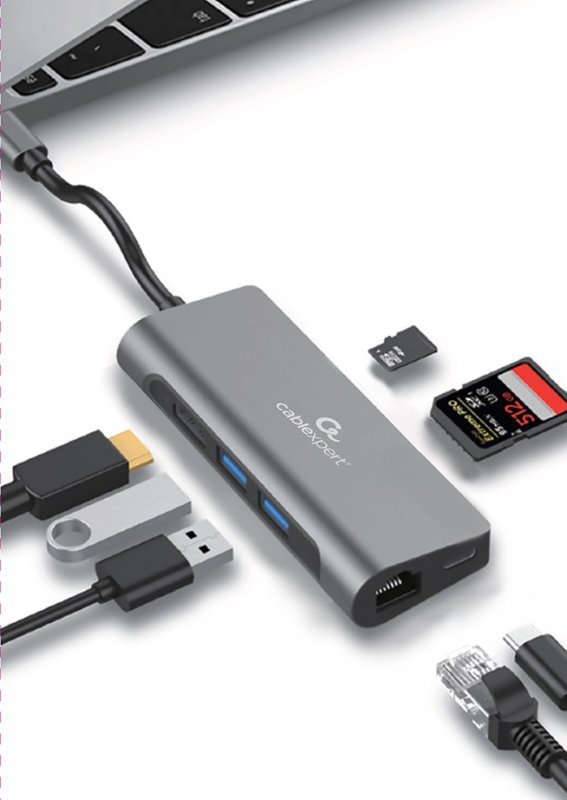 Gembird Adapter USB-C Hub HDMI 1xUSB-C GbE 2xUSB-A Card PD