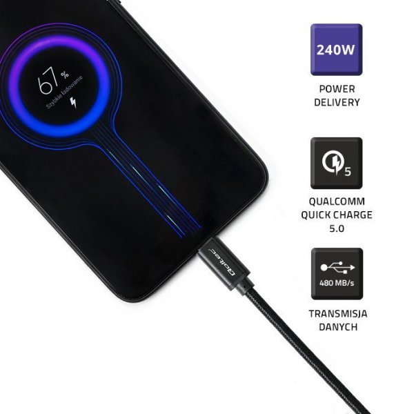Qoltec Kabel USB 2.0 typ C | USB 2.0 typ C 240W | QC 5.0 | PD | 1m |    Czarny