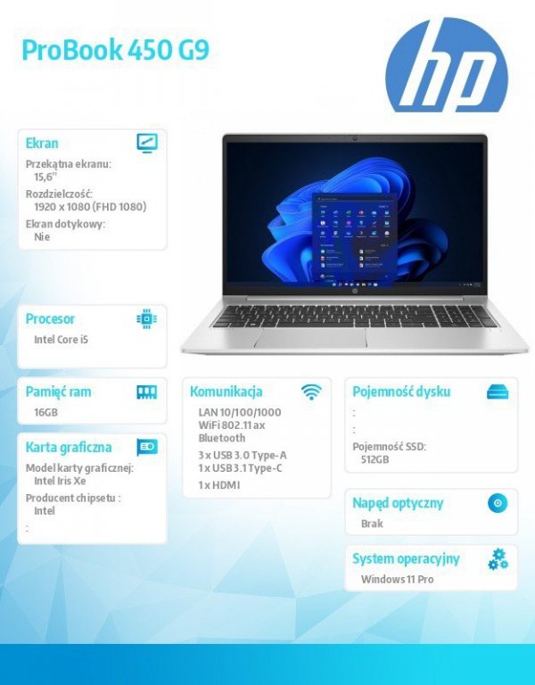 HP Inc. Notebook ProBook 450 G9 i5-1235U 512GB/16GB/W11P/15.6 6F1R1EA