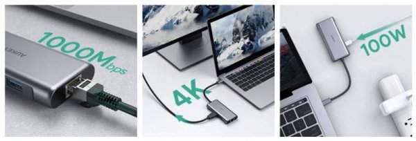 AUKEY CB-C75 aluminiowy Hub USB-C | 6w1 | RJ45 Ethernet 10/100/1000Mbps | 3xUSB 3.1 | HDMI 4k@30Hz | USB-C Power Delivery 100W