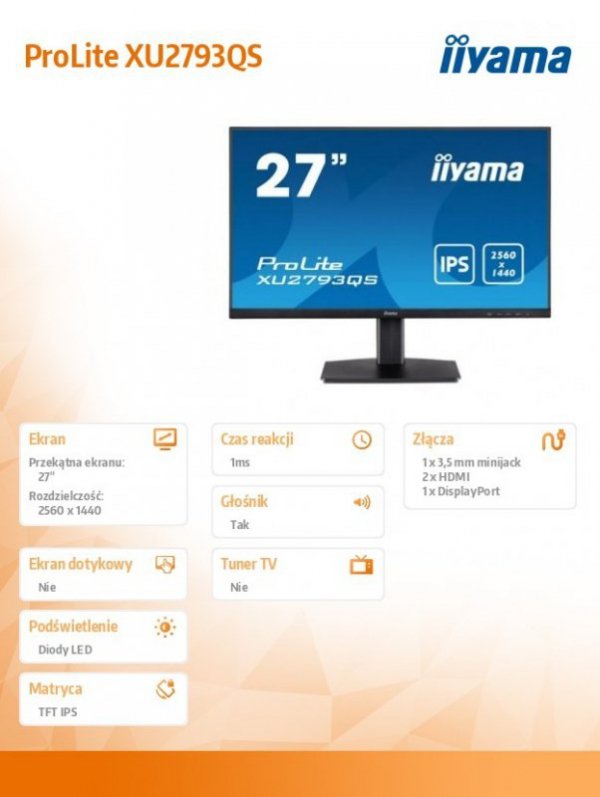IIYAMA Monitor 27 cali XU2793QS-B1 IPS,WQHD,2xHDMI,DP,2x2W,300cd/m2
