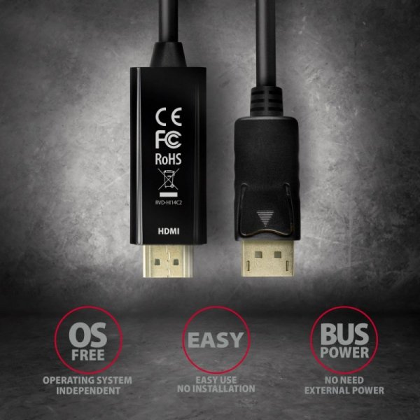 AXAGON RVD-HI14C2 Adapter aktywny DisplayPort -&gt; HDMI 1.4, 4K/30Hz, kabel 1,8m