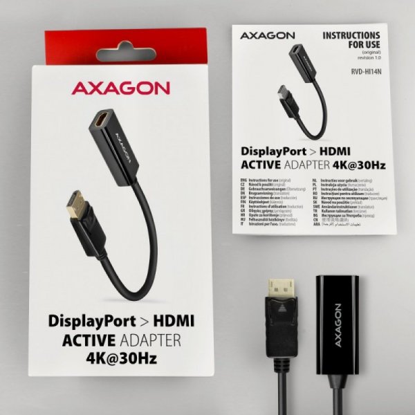 AXAGON RVD-HI14N Adapter aktywny Displayport -&gt; HDMI 1,4, 4K/30Hz, kabel 18cm