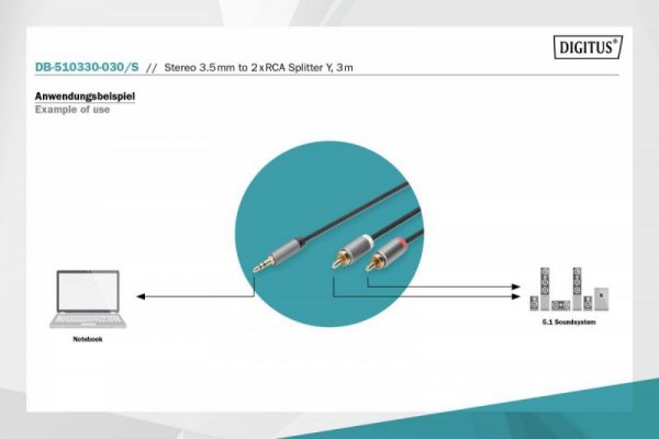 Digitus Kabel adapter audio MiniJack/Cinch Stereo Typ 3.5mm/2xRCA M/M nylon 3m