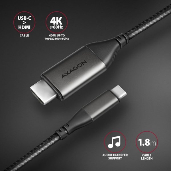 AXAGON RVC-HI2MC Adapter USB-C -&gt; HDMI 2.0 4K/60Hz Aluminum, 1.8m kabel