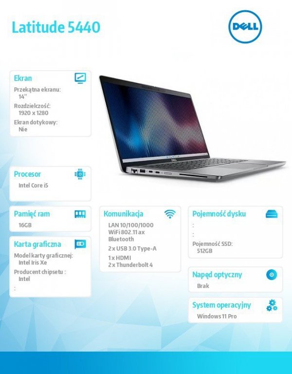 Dell Notebook Latitude 5440 Win11Pro i5-1345U/16GB/512GB SSD/14.0 FHD/Integrated/FgrPr & SmtCd/FHD/IR Cam/Mic/WLAN + BT/Backlit 