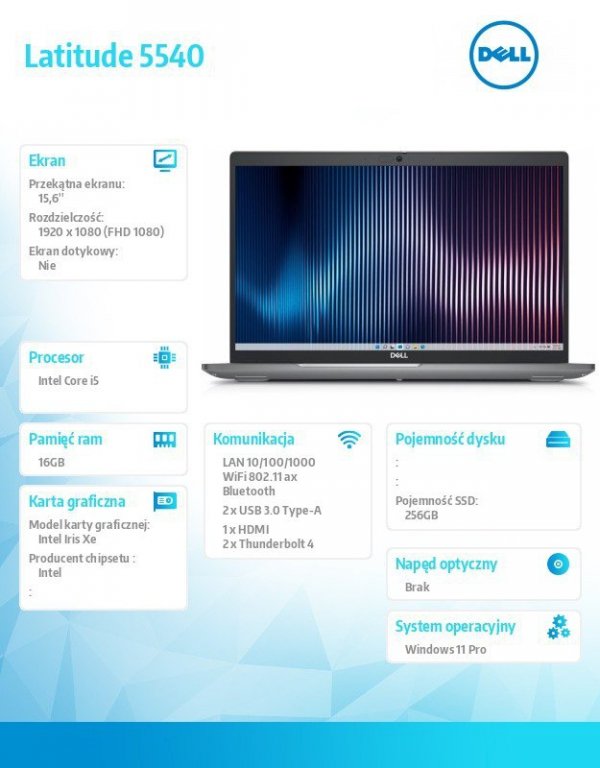 Dell Notebook Latitude 5540 Win11Pro i5-1335U/16GB/256GB SSD/15.6 FHD/Integrated/FgrPr & SmtCd/FHD/IR Cam/Mic/WLAN + BT/Backlit 