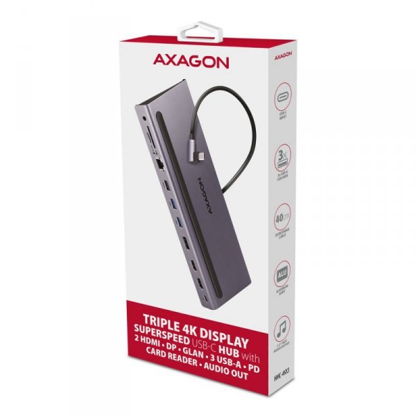 AXAGON HMC-4KX3 Wieloportowy hub USB 5Gbps, 3x USB-A, 2x HDMI + DP + GLAN +  SD/microSD + audio, PD 100W
