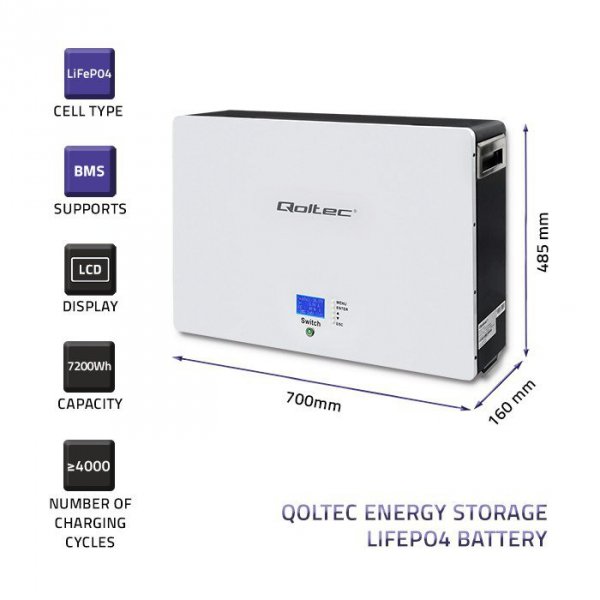 Qoltec Magazyn energii LiFePO4 | 7.2kWh | 48V | BMS | LCD