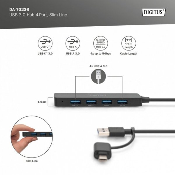 Digitus Hub USB 3.0/Koncentrator 4-portowy SlimLine USB A + adapter USB-C 1,2m 5Gbps, złącze zasilania USB-C