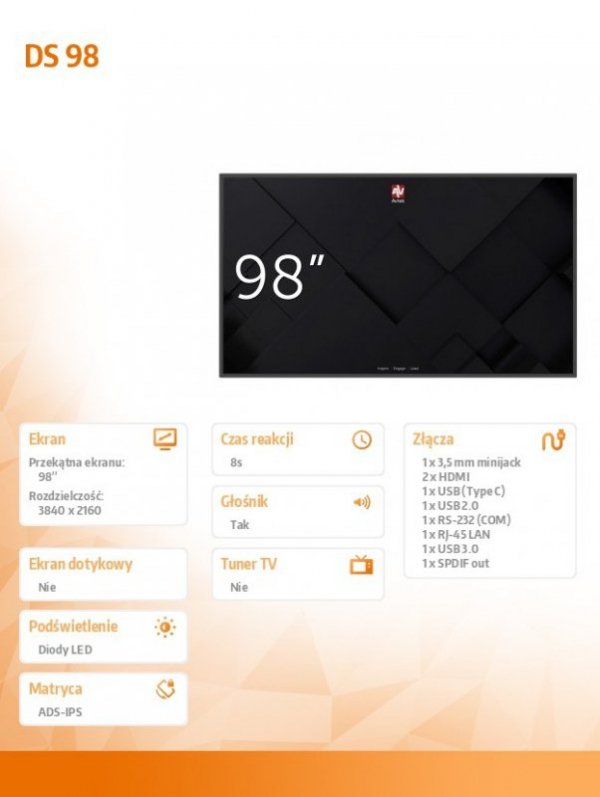 Avtek Monitor informacyjny DS 98&#039; - 18/7  2x10W Android 11.0