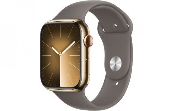 Apple Watch Series 9 GPS + Cellular, 45mm Koperta ze stali nierdzewnej w kolorze złotym z paskiem sportowym w kolorze popielateg