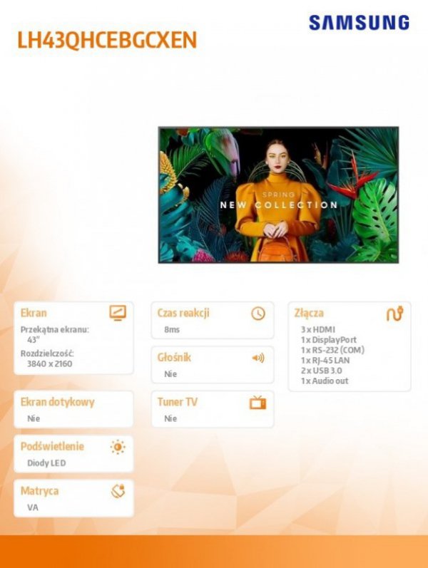 Samsung Monitor profesjonalny QH43C 43 cale Matowy 24h/7 700(cd/m2) 3840x2160 (UHD) S10 Player (Tizen 7) WiFi/BT 3 lata On-Site 