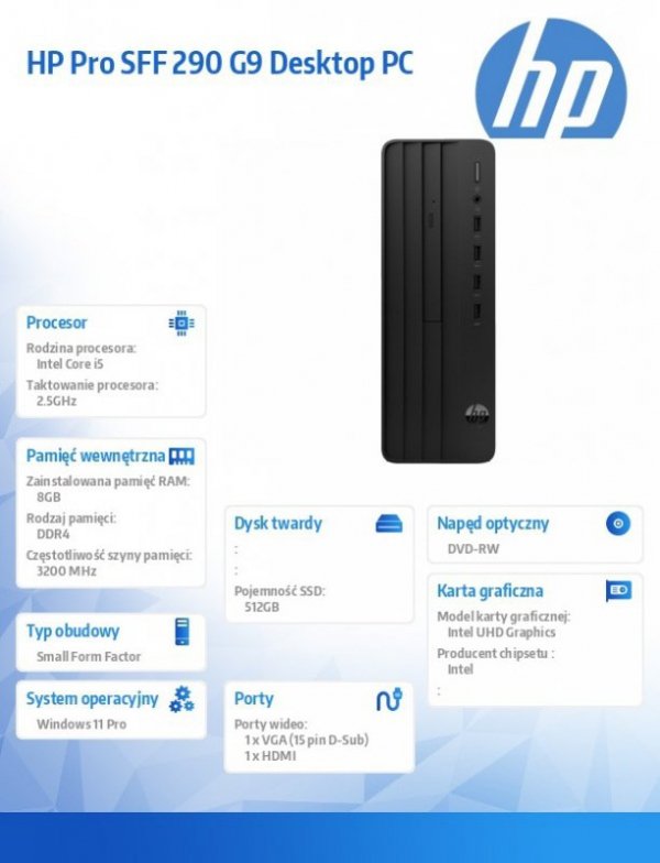 HP Inc. Komputer 290 SFF G9 i5-13500 512GB/8GB/DVDR/W11P  936A1EA
