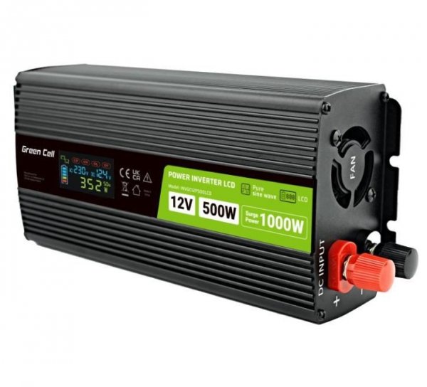 Green Cell Przetwornica LCD 12V 500W/1000W Czysty sinus z wywietlaczem